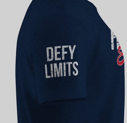 Sideview Fearless Energy Tee navy blue t-shirt with 'DEFY LIMITS' text on a gray background
