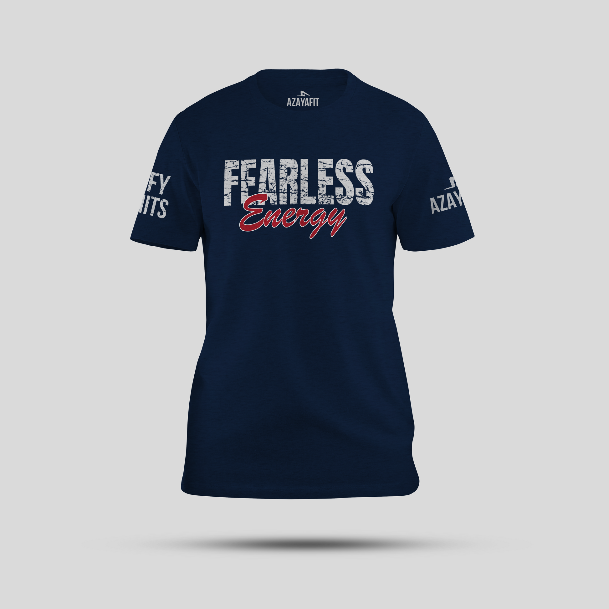 Navy blue t-shirt with 'Fearless Energy' text on a gray background