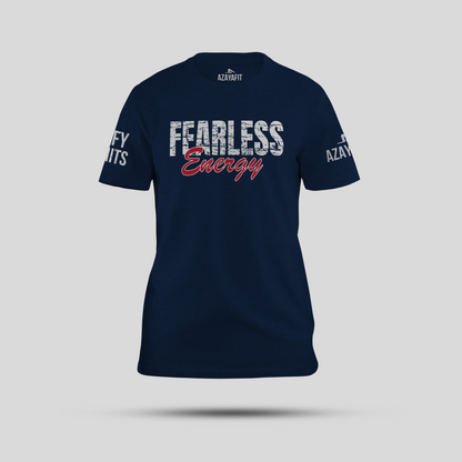 Navy blue t-shirt with 'Fearless Energy' text on a gray background