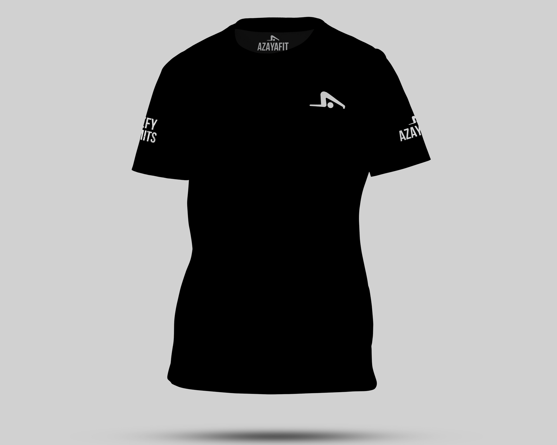 Black t-shirt with branding on a gray background