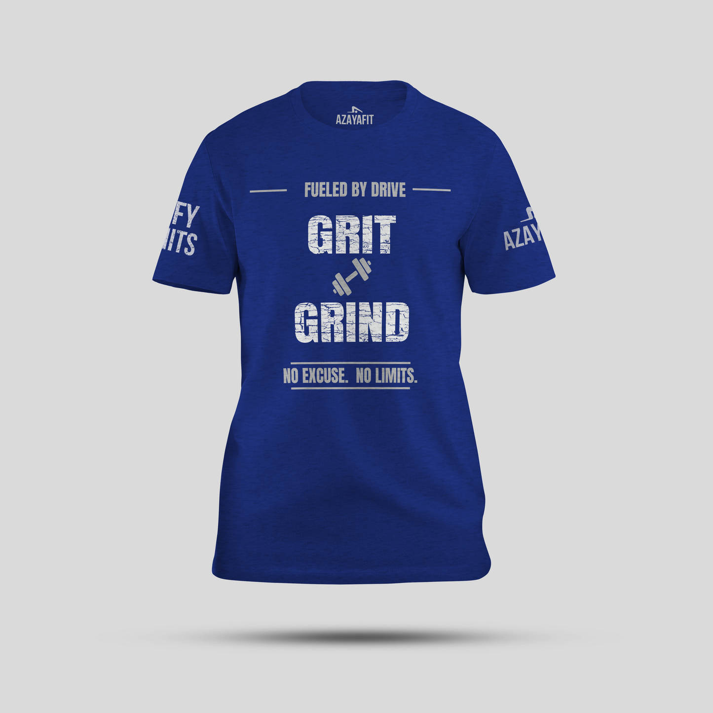 Blue t-shirt with motivational text on a gray background