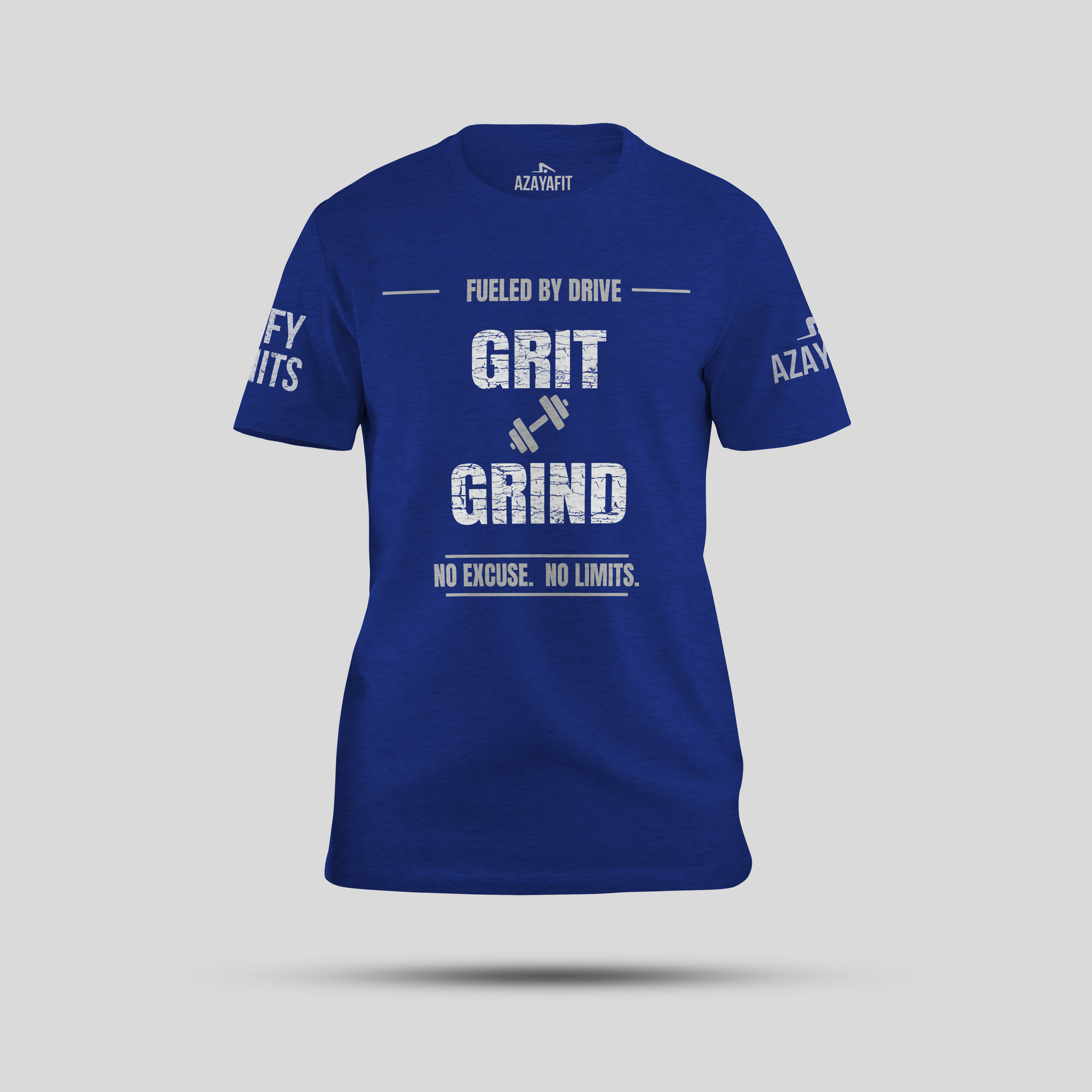 Blue t-shirt with motivational text on a gray background