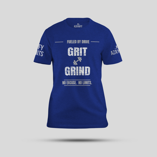 Blue t-shirt with motivational text on a gray background