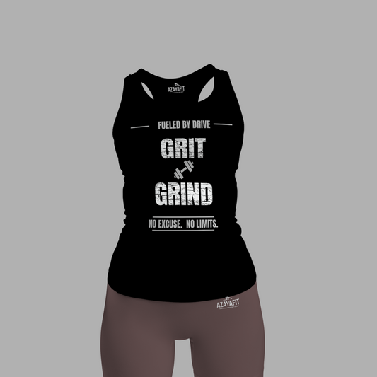 Black tank top with motivational text and brown shorts on a gray background