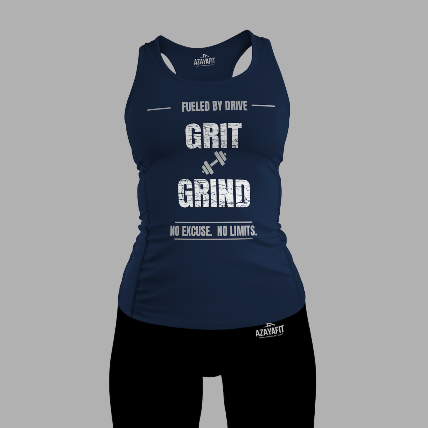 Navy tank top and black shorts with motivational text on a gray background
