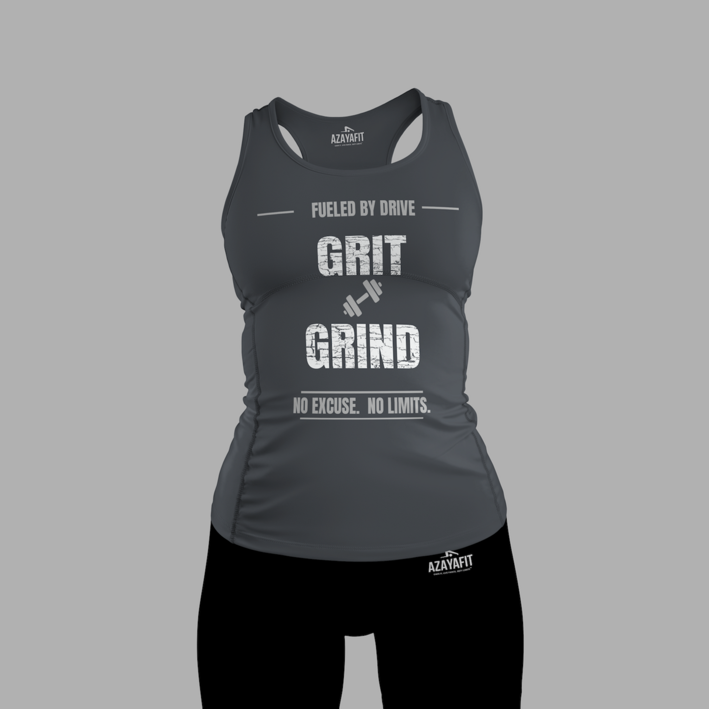 Gray tank top with 'Grit Grind' text on a gray background