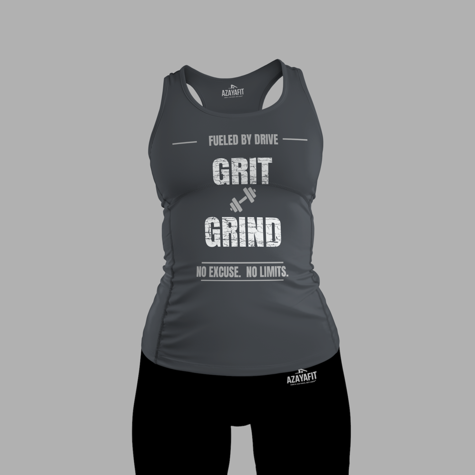 Gray tank top with 'Grit Grind' text on a gray background