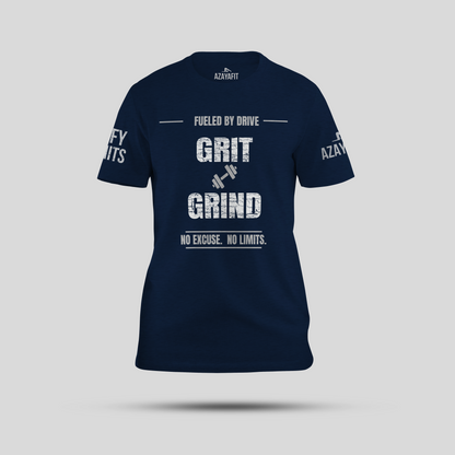 azayafit grit and grind tee navy blue with a grey background
