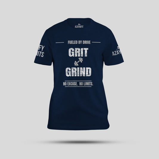 azayafit grit and grind tee navy blue with a grey background