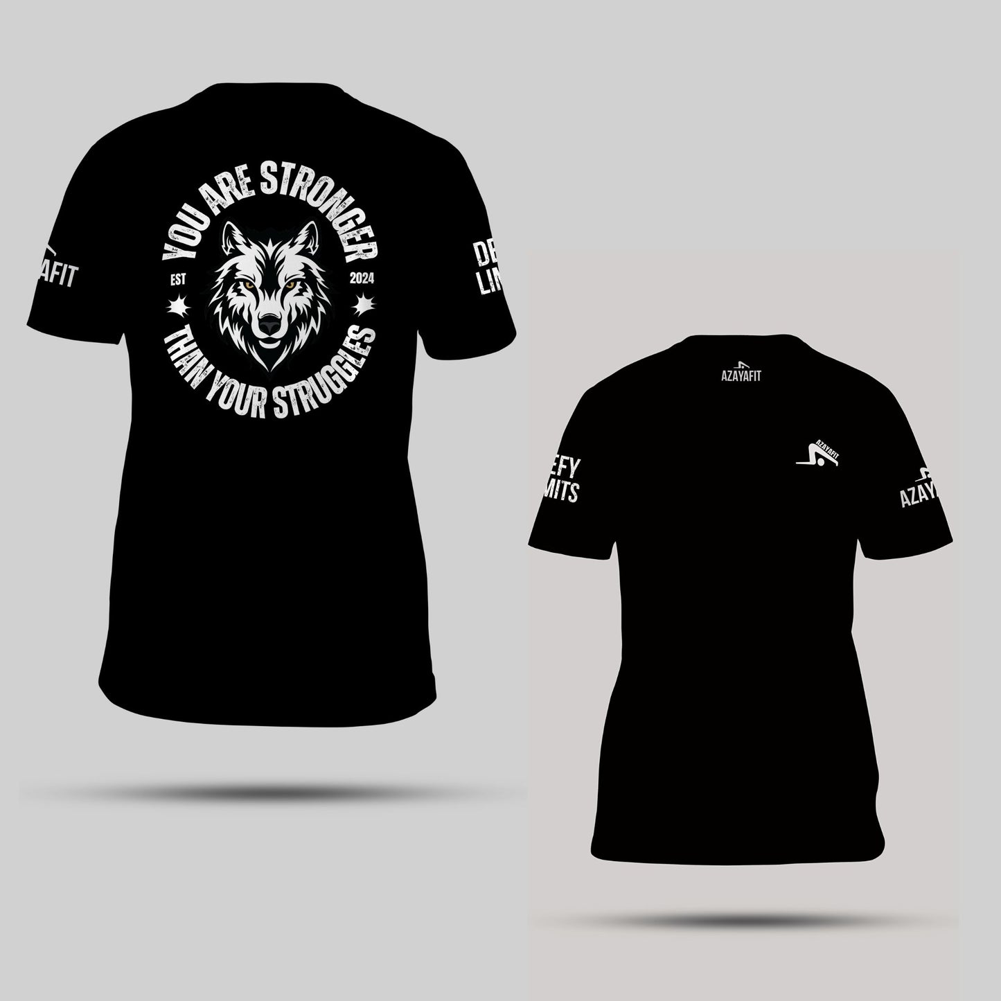 Black t-shirt with wolf graphic and motivational text on a gray background