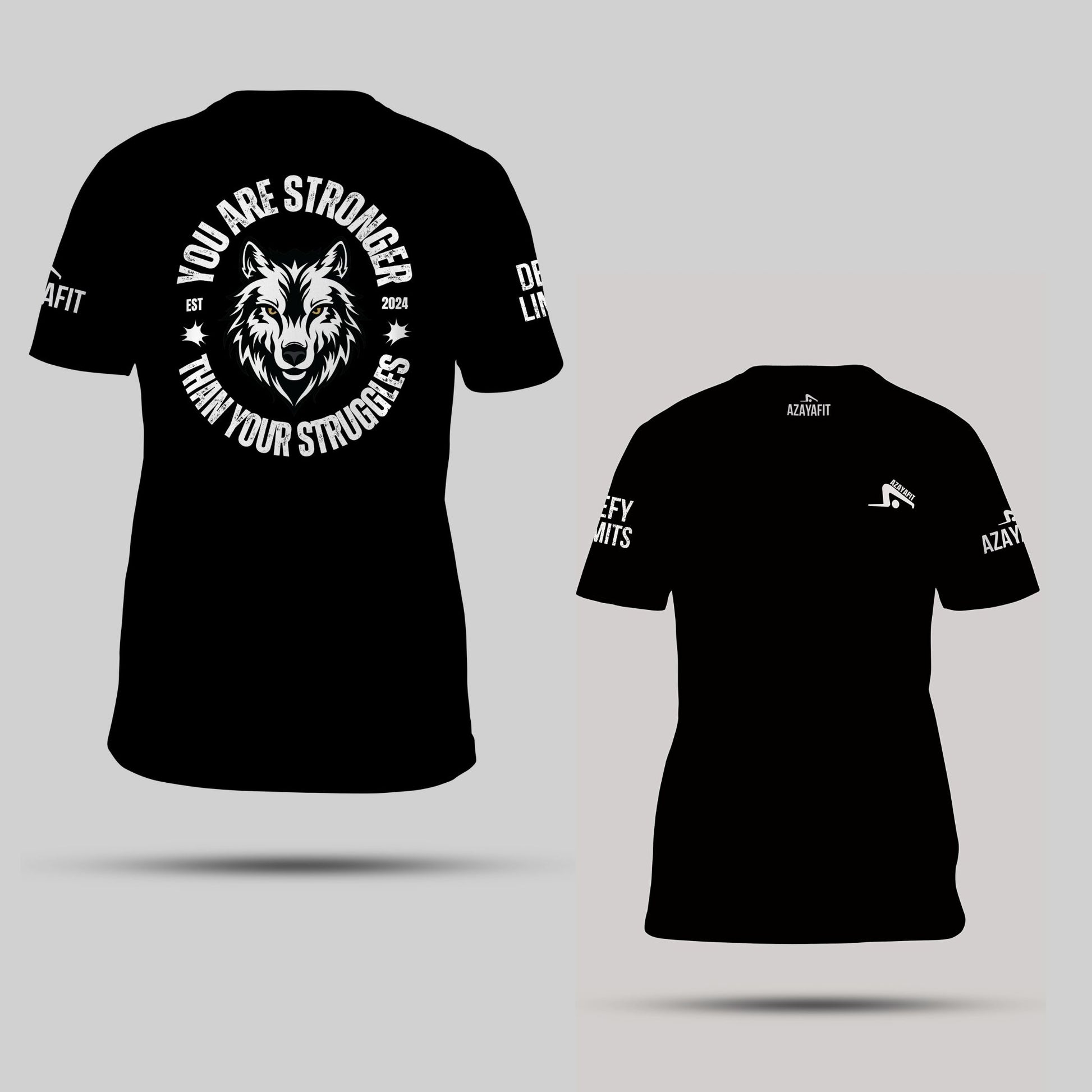 Black t-shirt with wolf graphic and motivational text on a gray background