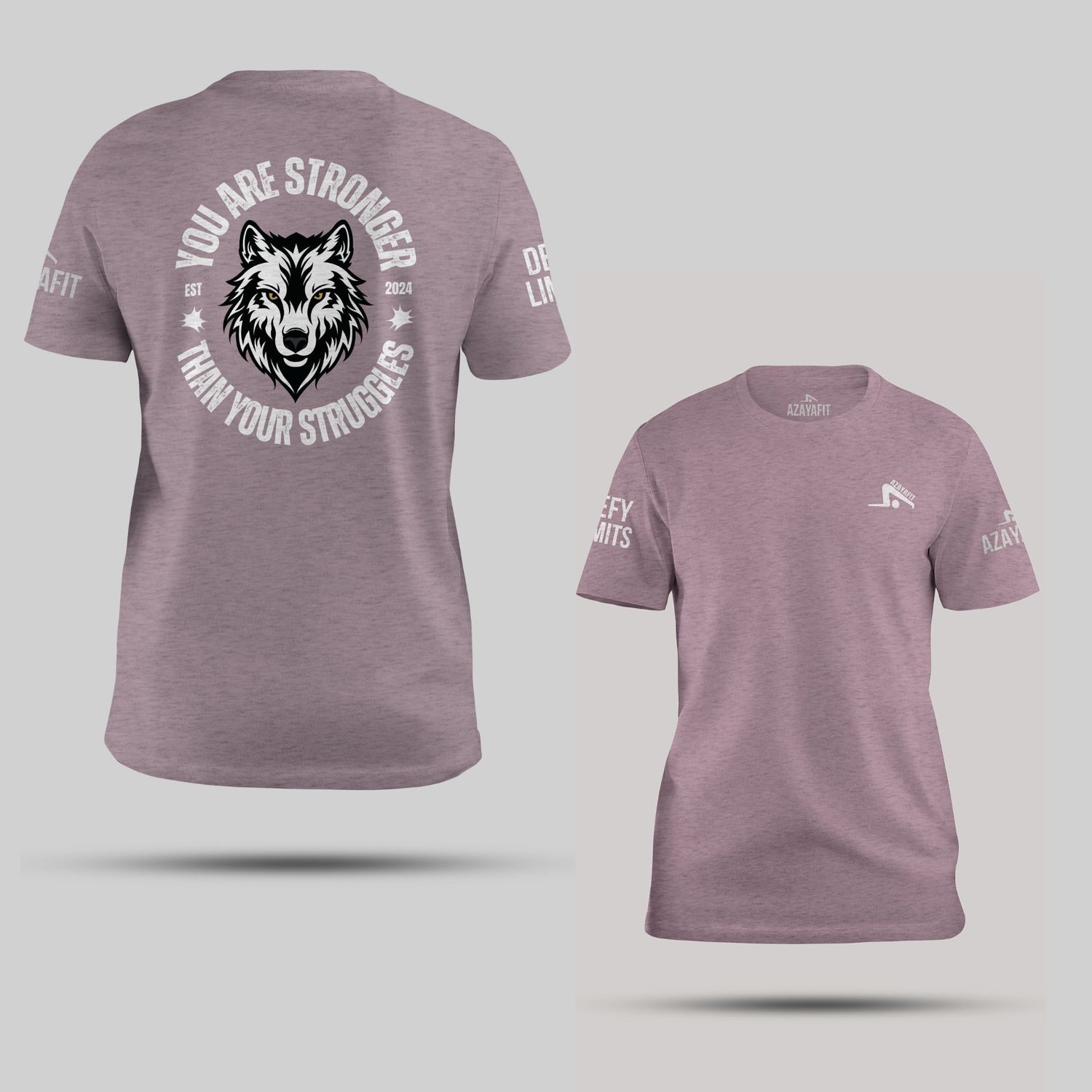 Purple t-shirt with wolf graphic and motivational quote on a light gray background