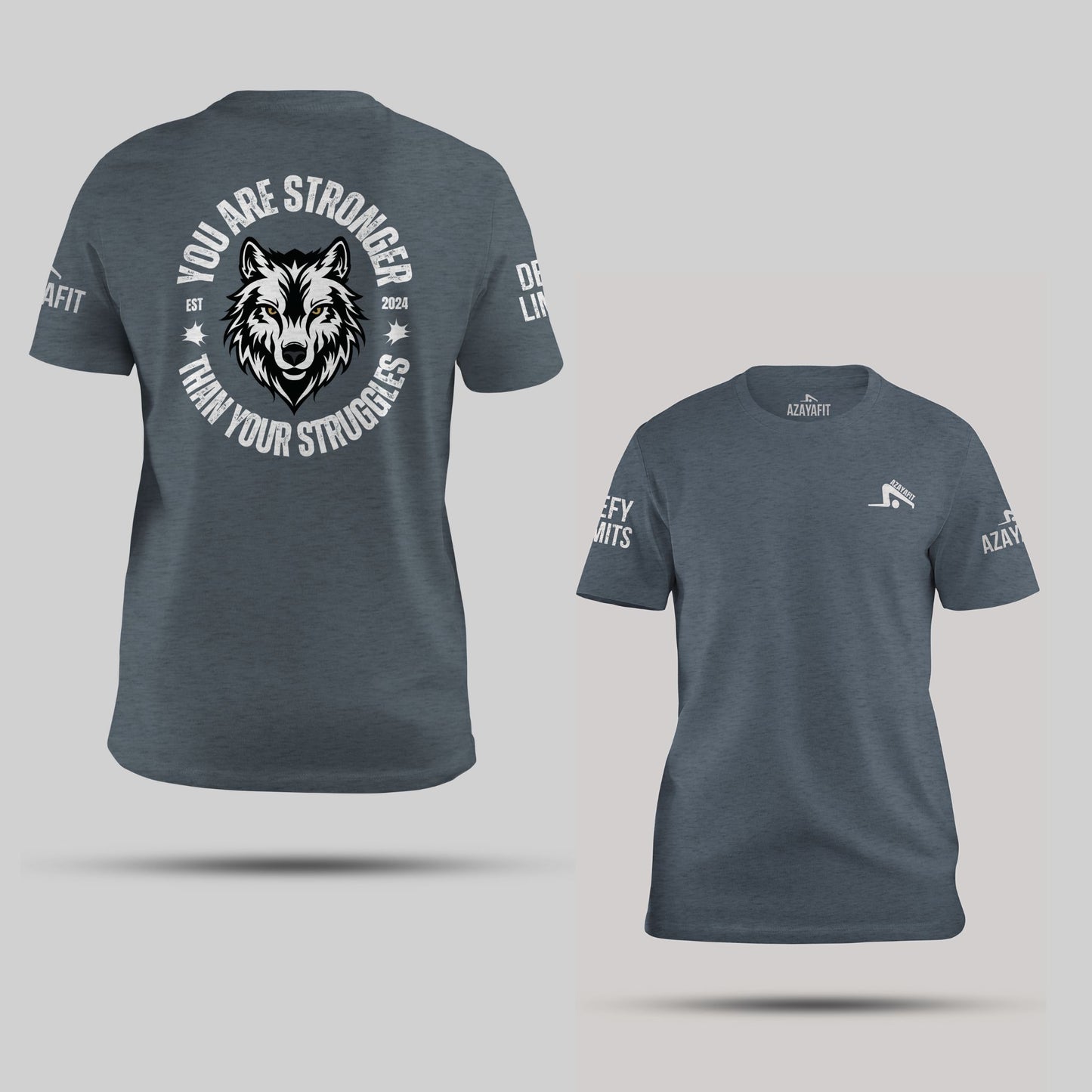 Gray t-shirt with wolf graphic and motivational quote on a light gray background