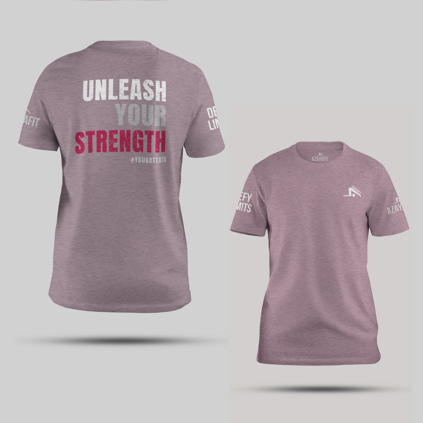 lilac t-shirt with unleash your strength text and branding on a light gray background