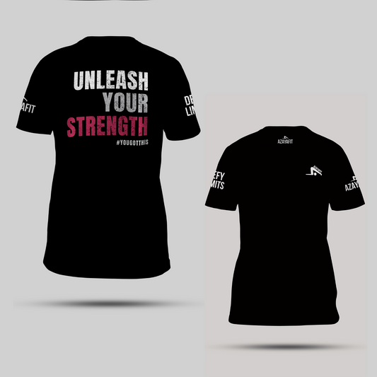 black t-shirt with unleash your strength text and branding on a light gray background