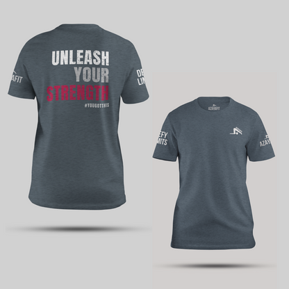 slate t-shirt with unleash your strength text and branding on a light gray background