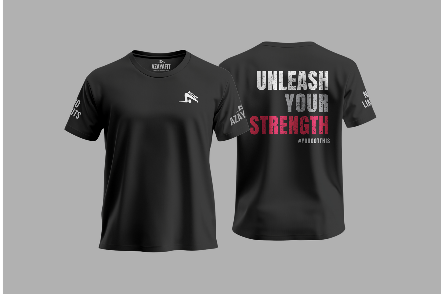 Black t-shirt with 'Unleash Your Strength' text on a gray background