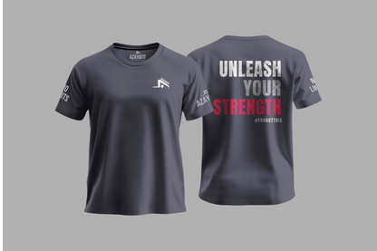 Gray t-shirt with 'Unleash Your Strength' text on a gray background