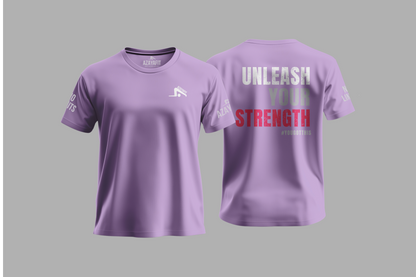 Purple t-shirt with text on front and back on a gray background