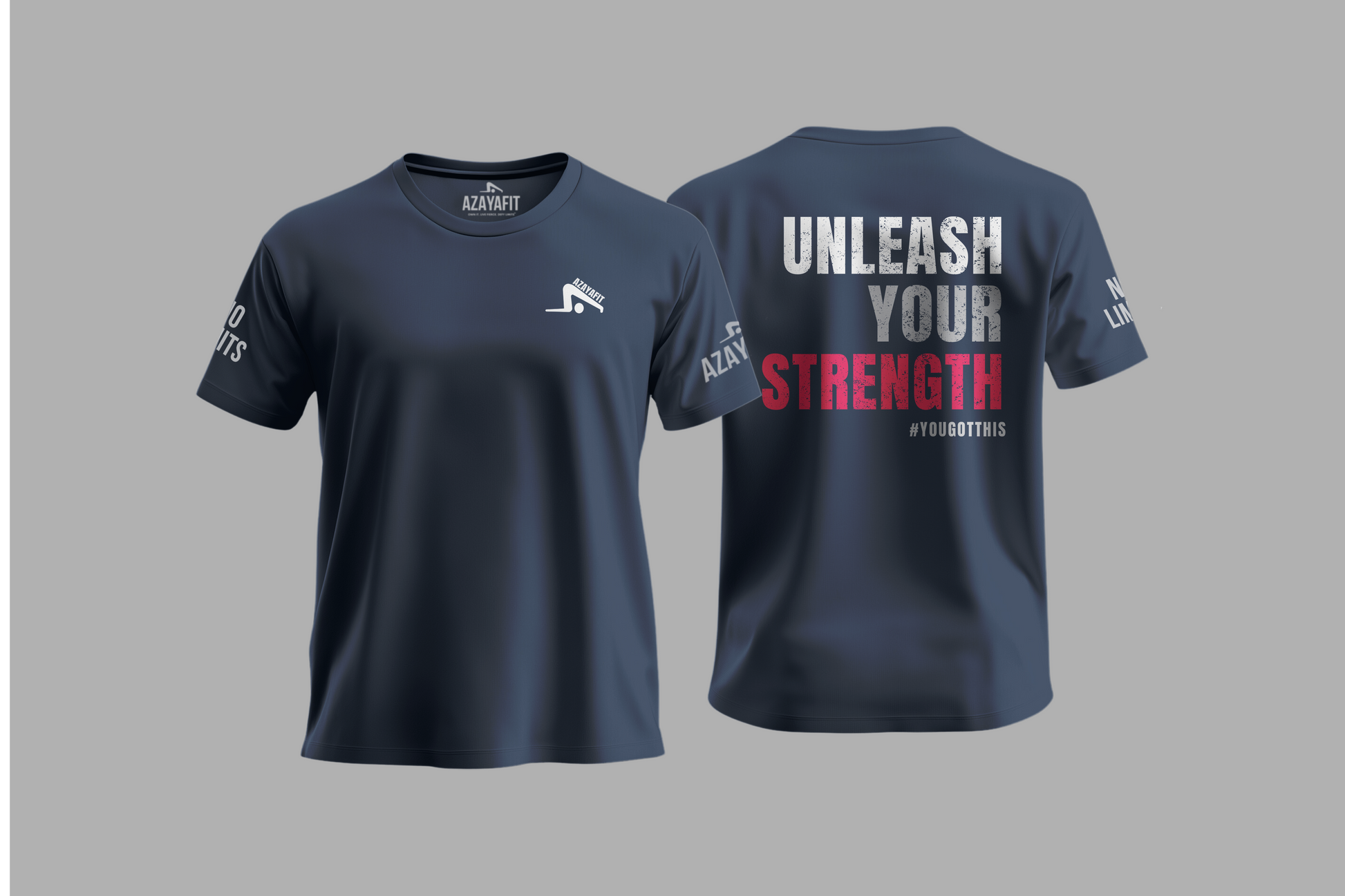 Navy blue t-shirt with motivational text and logo on a gray background