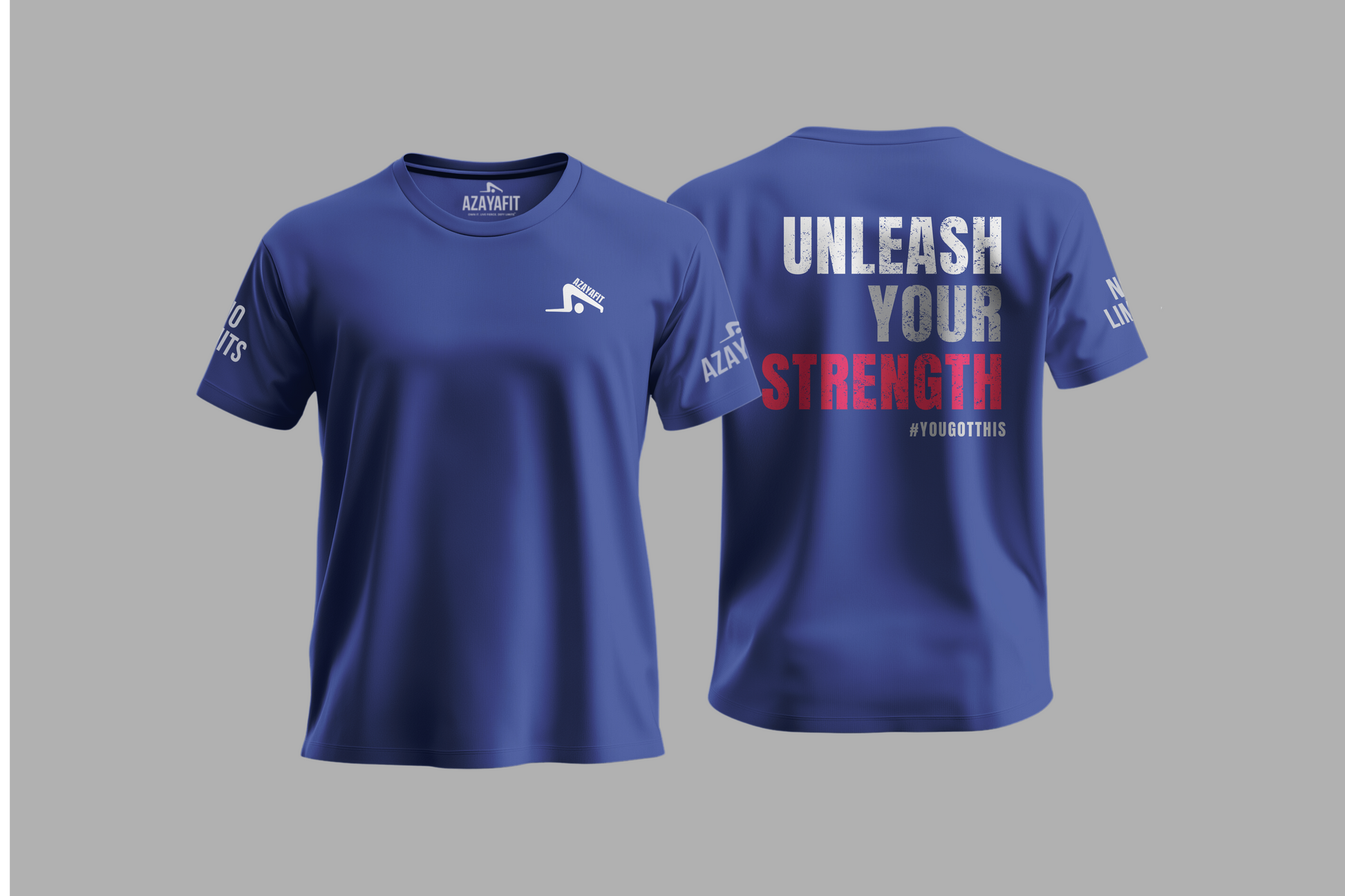 Blue t-shirt with text and logo on a gray background