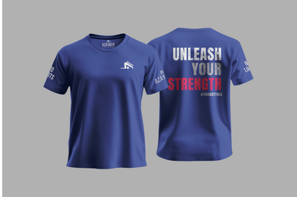 Blue t-shirt with text and logo on a gray background
