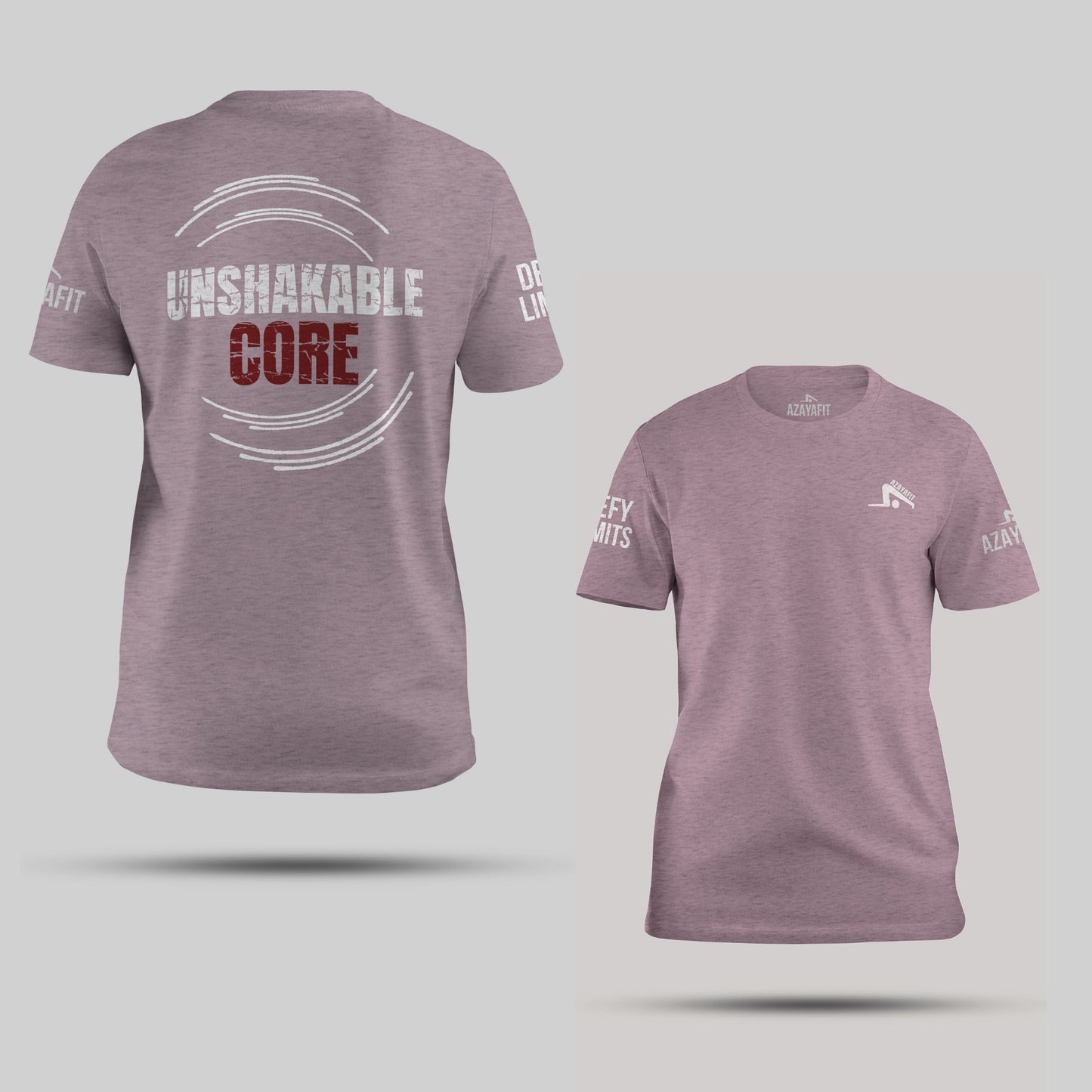 Maroon t-shirt with text and logos on a light gray background