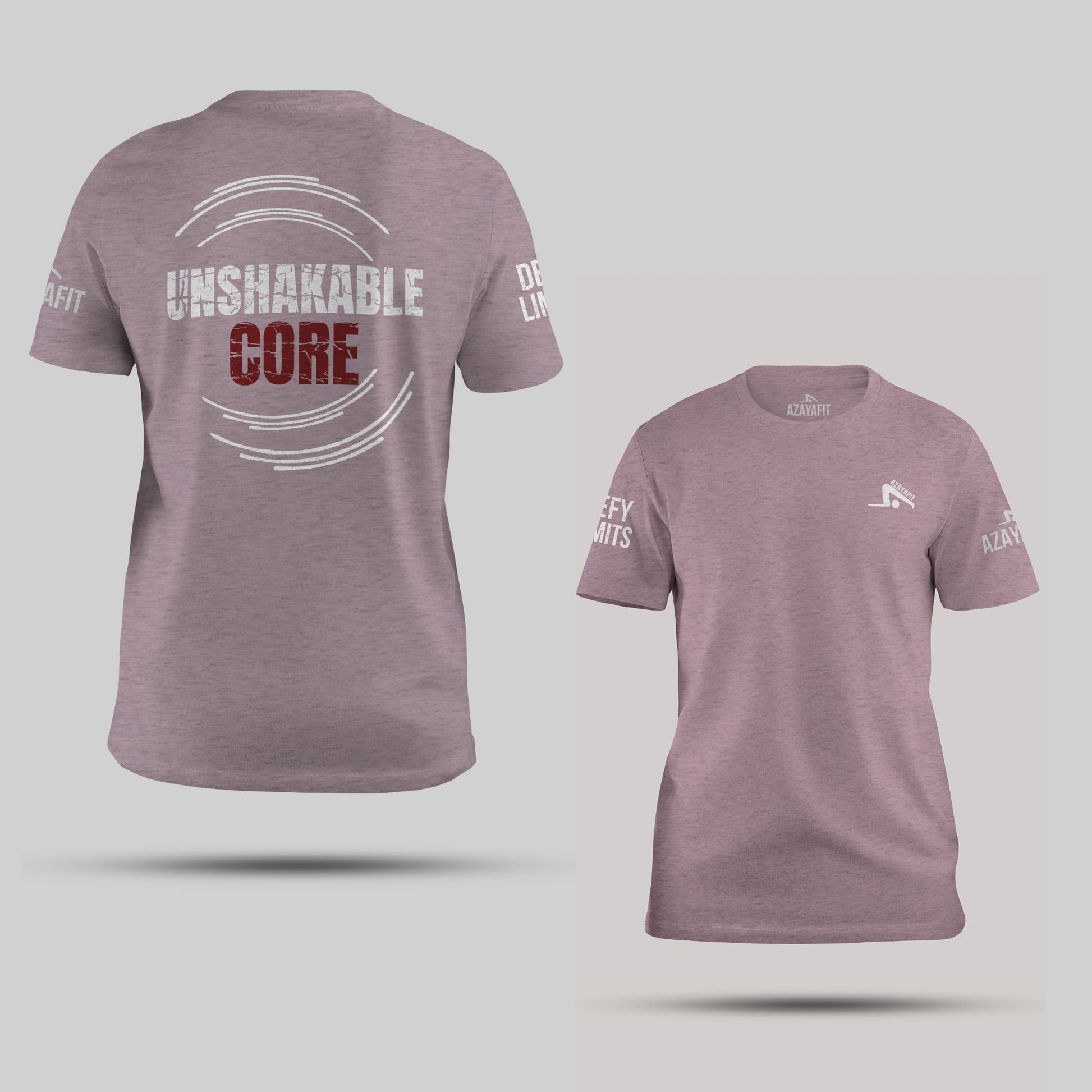 Maroon t-shirt with text and logos on a light gray background