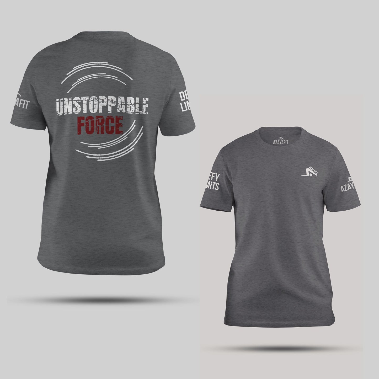 Gray t-shirt with 'Unstoppable Force' text on the front and brand logo on the back, against a light gray background.