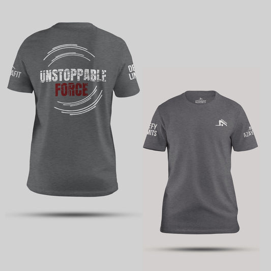Gray t-shirt with 'Unstoppable Force' text on the front and brand logo on the back, against a light gray background.