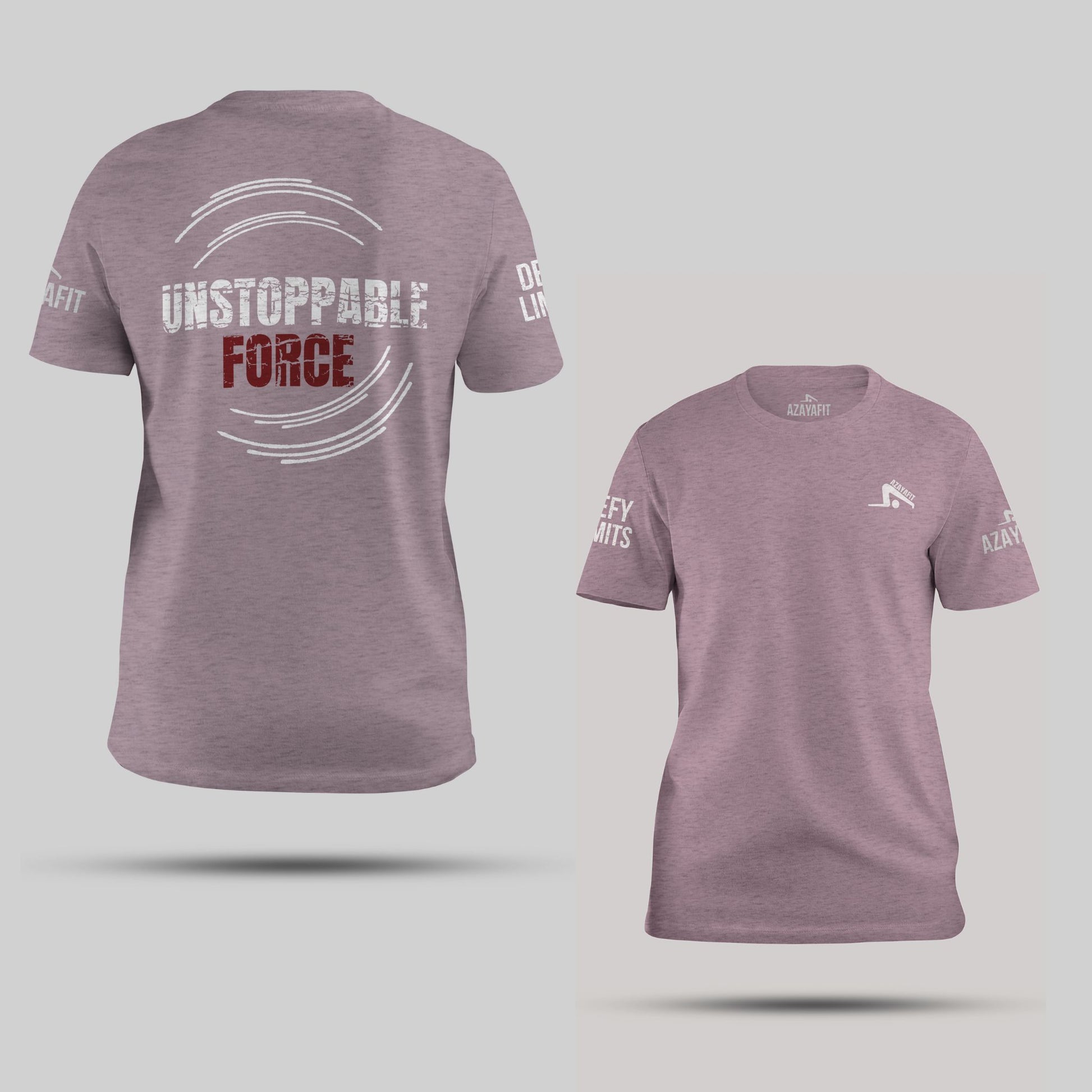 Lilac t-shirt with 'Unstoppable Force' text on the back and brand logo on the front, displayed against a light gray background.