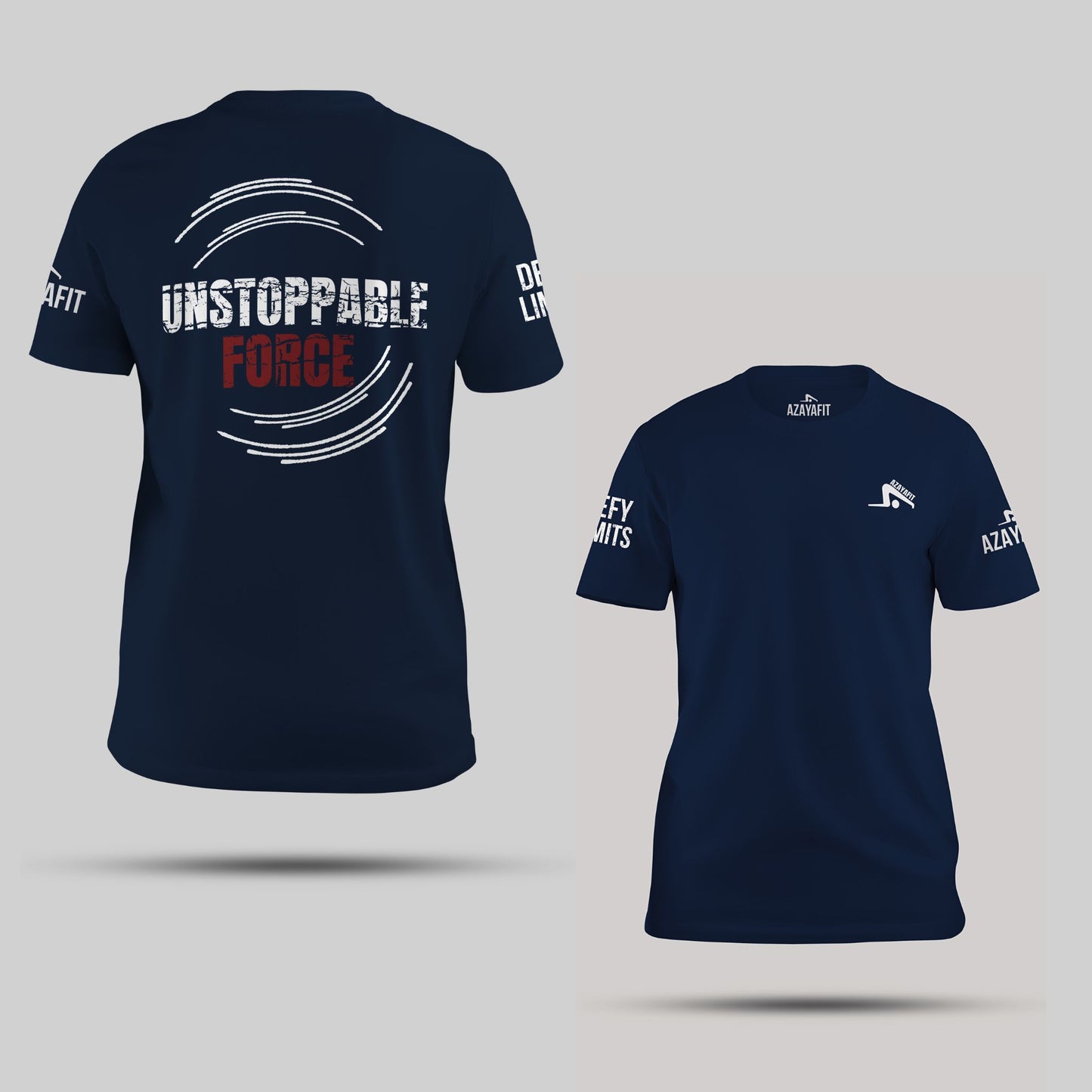 Navy t-shirt with 'Unstoppable Force' text on the back and brand logo on the front, displayed against a light gray background.