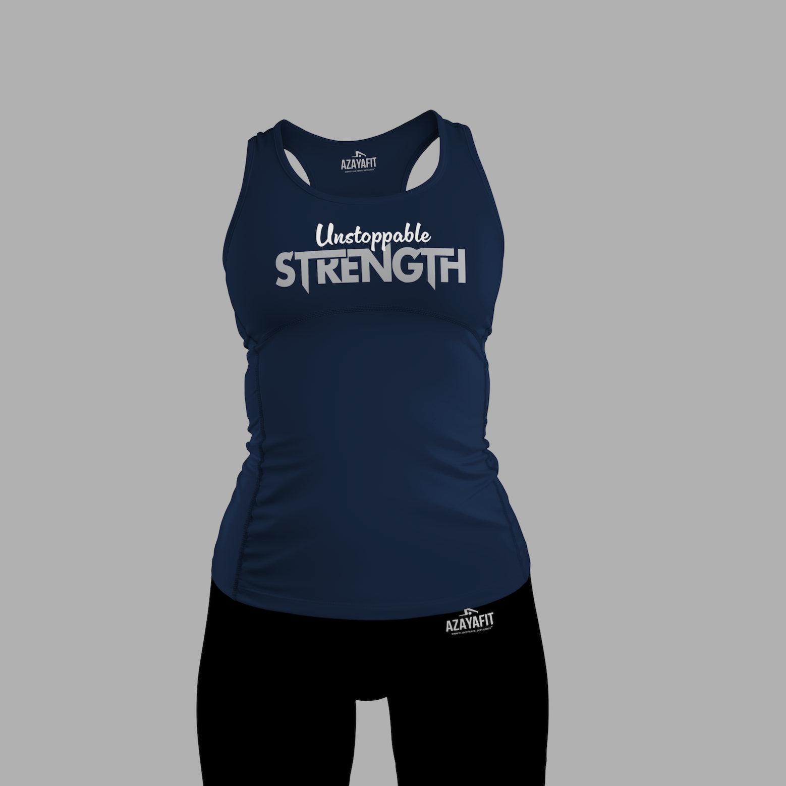 Navy tank top and black shorts with 'Unstoppable Strength' text on a gray background