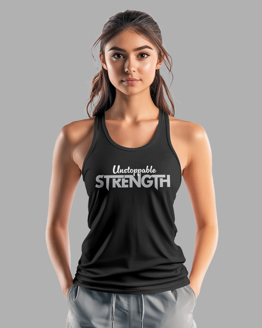 Woman wearing a black tank top with 'Unstoppable Strength' text on a gray background