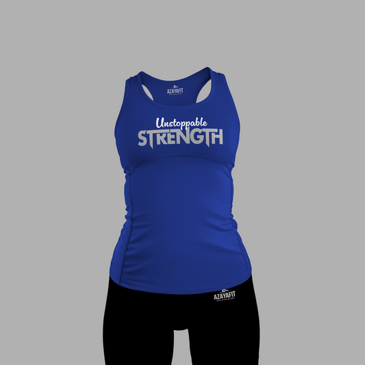 Blue tank top with 'Unstoppable Strength' text on a gray background