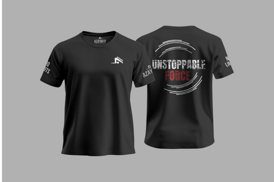 Black t-shirt with 'Unstoppable Force' text and branding on a gray background