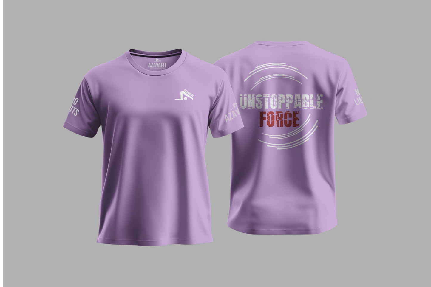 Purple t-shirt with text and logo on a gray background