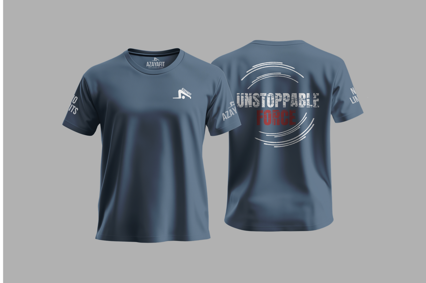 Gray t-shirt with text and logo on a gray background
