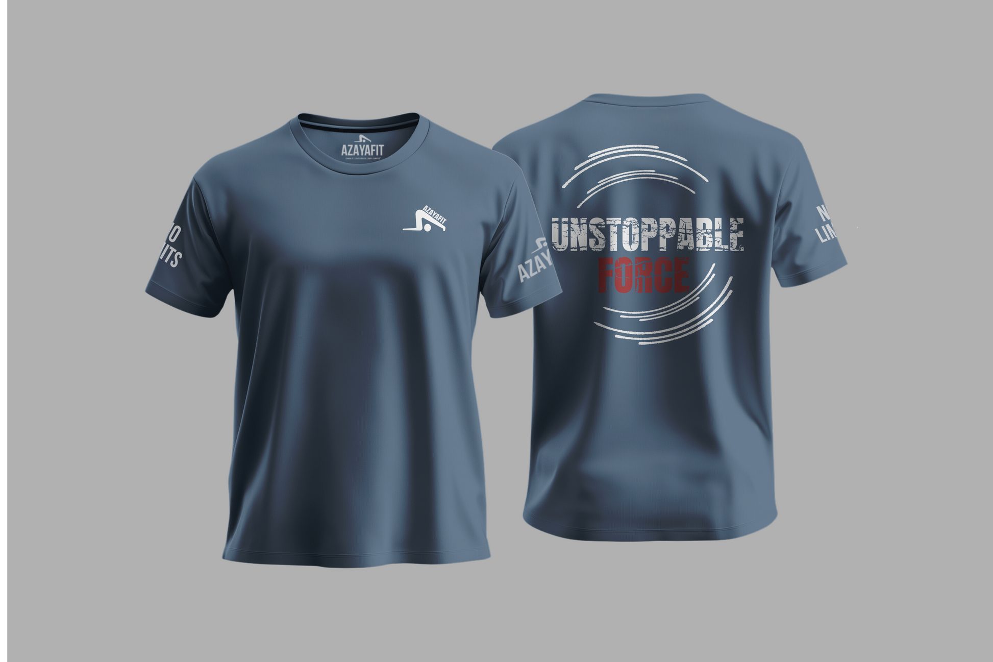 Gray t-shirt with text and logo on a gray background