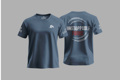 Gray t-shirt with text and logo on a gray background