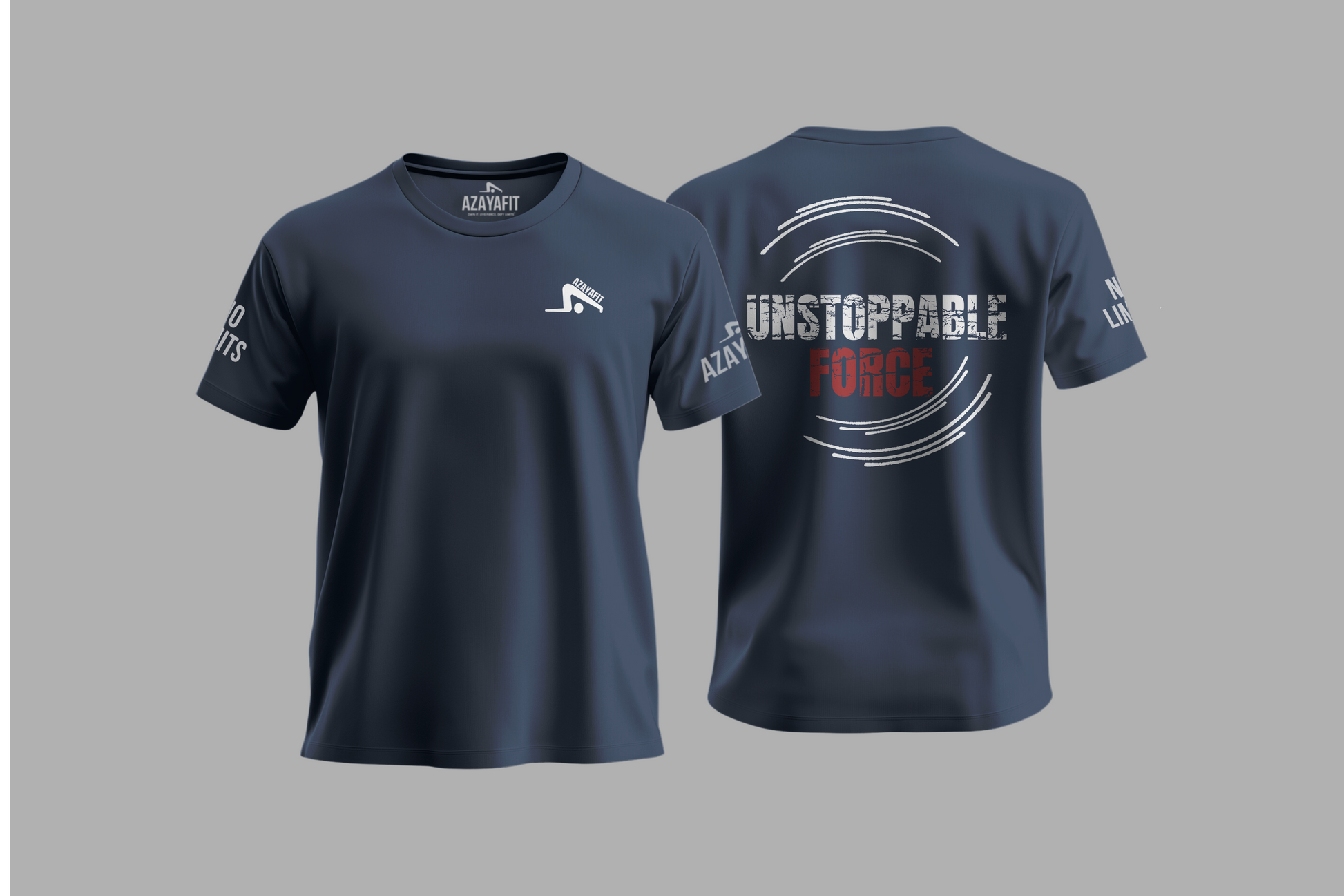 Navy blue t-shirt with front and back graphics on a gray background