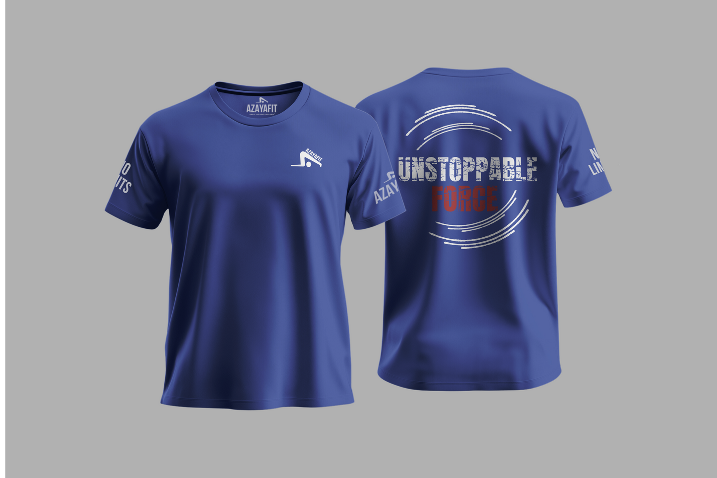 Blue t-shirt with text and logo on a gray background