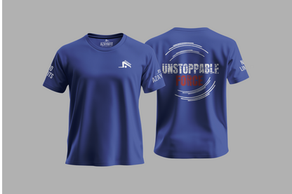 Blue t-shirt with text and logo on a gray background