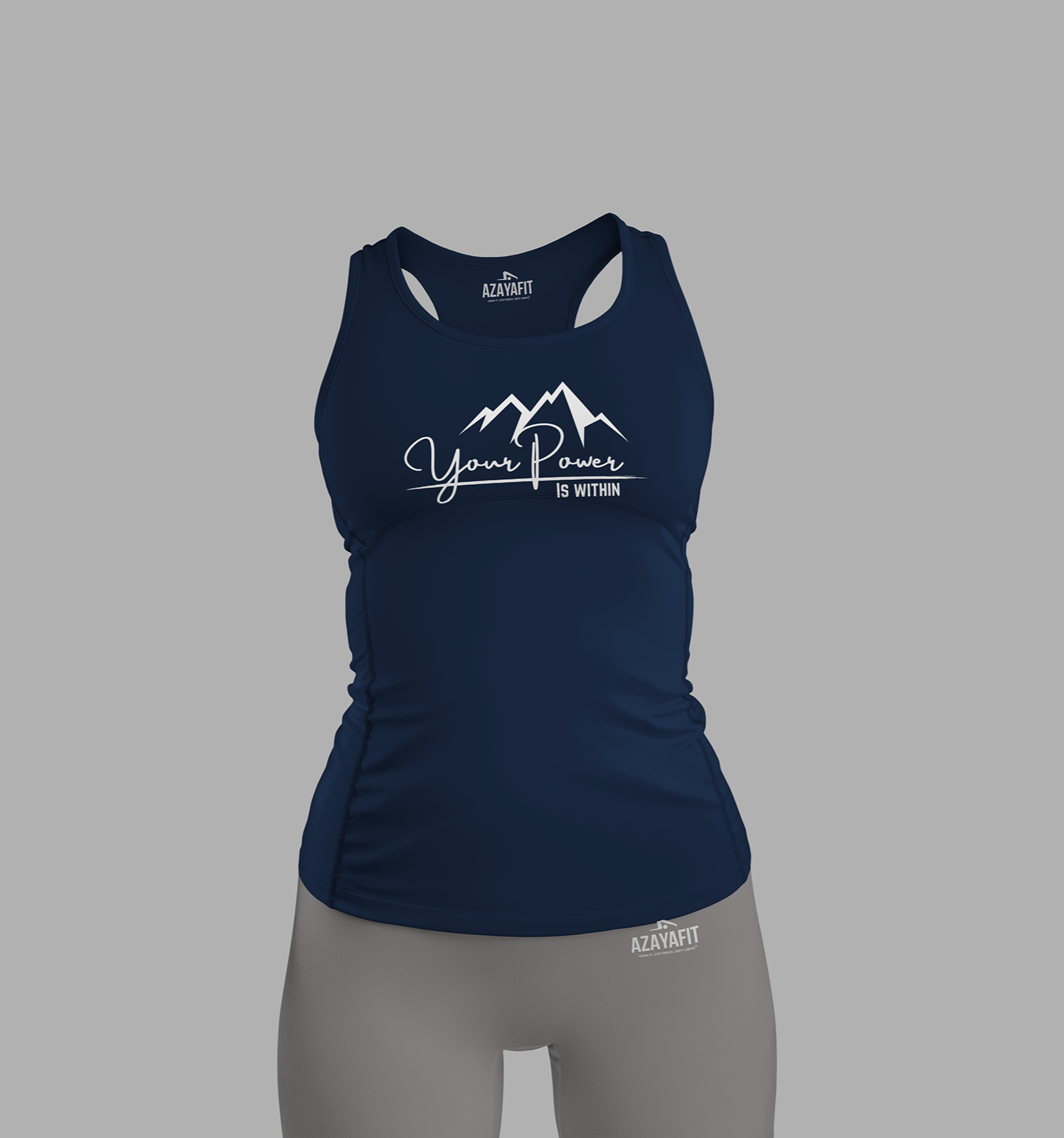 Navy tank top and gray shorts set with branding on a gray background