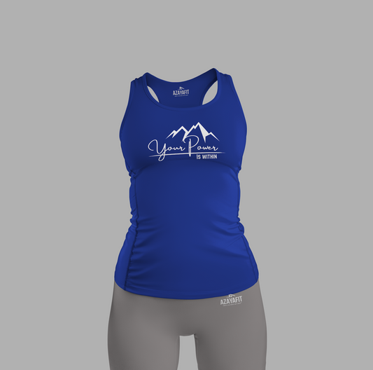 Blue tank top and gray shorts set with branding on a gray background