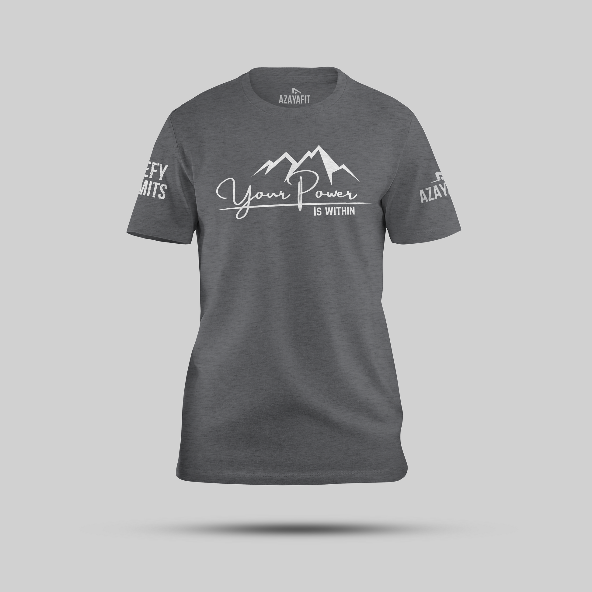 Gray t-shirt with the text your power is within and mountain graphic on a gray background