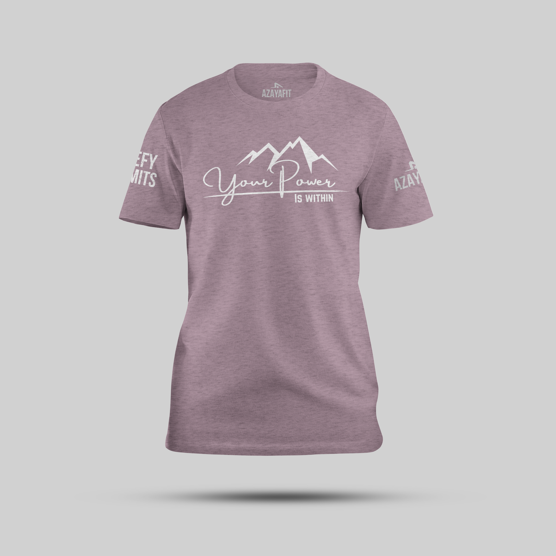 Heather Lilac t-shirt with the text your power is within and mountain graphic on a gray background
