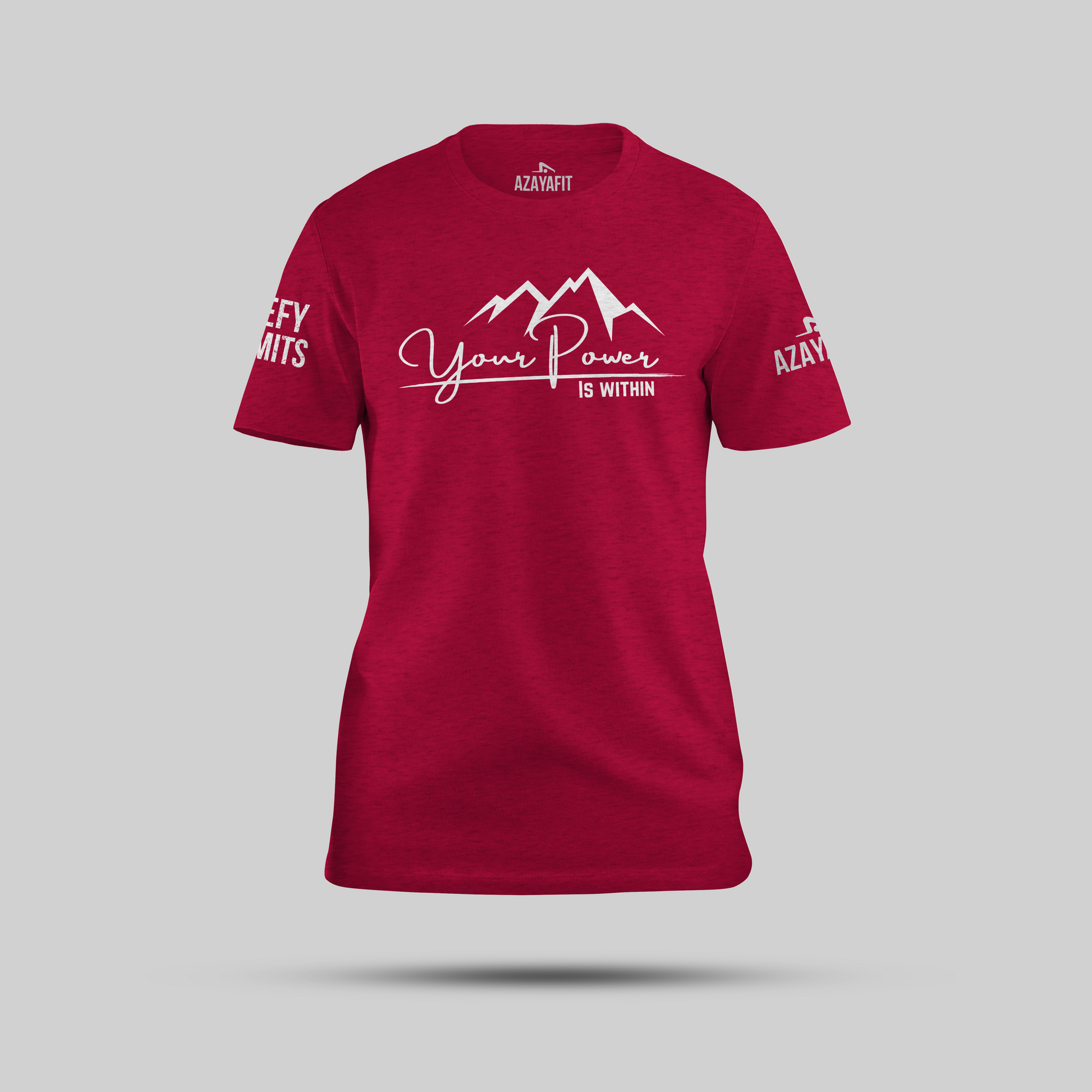 Heather red t-shirt with the text your power is within and mountain graphic on a gray background