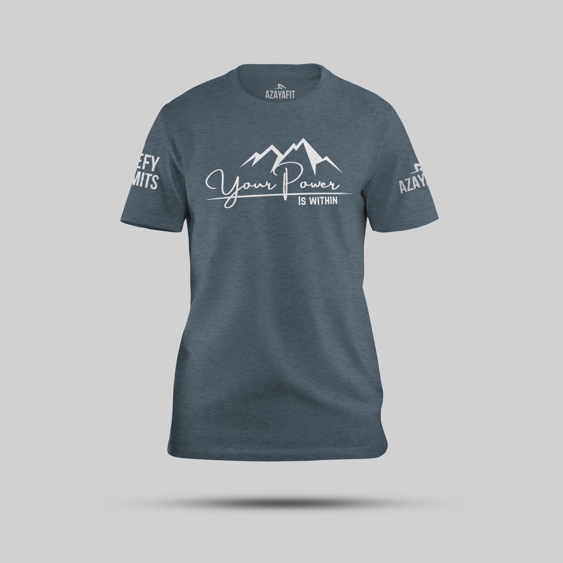 Slate t-shirt with the text your power is within and mountain graphic on a gray background