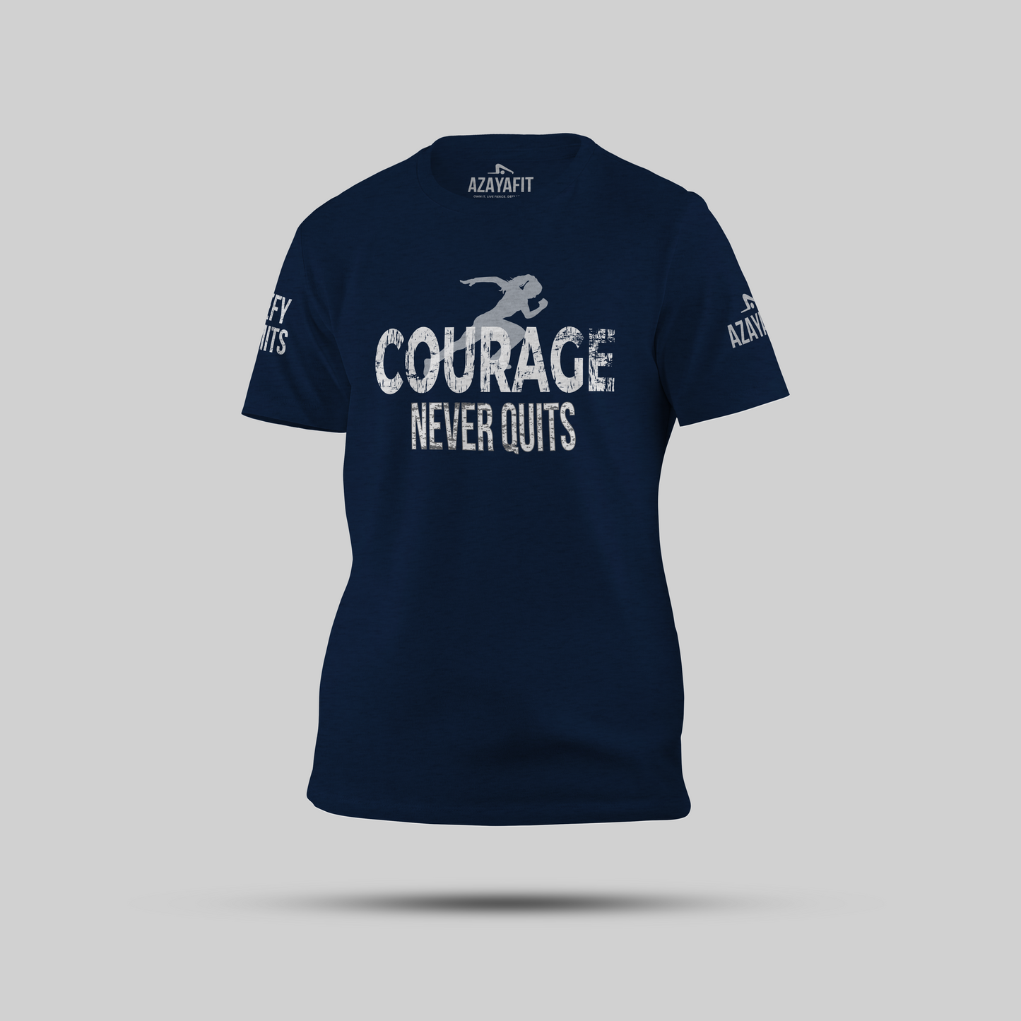 Navy blue t-shirt with 'Courage Never Quits' text on a gray background